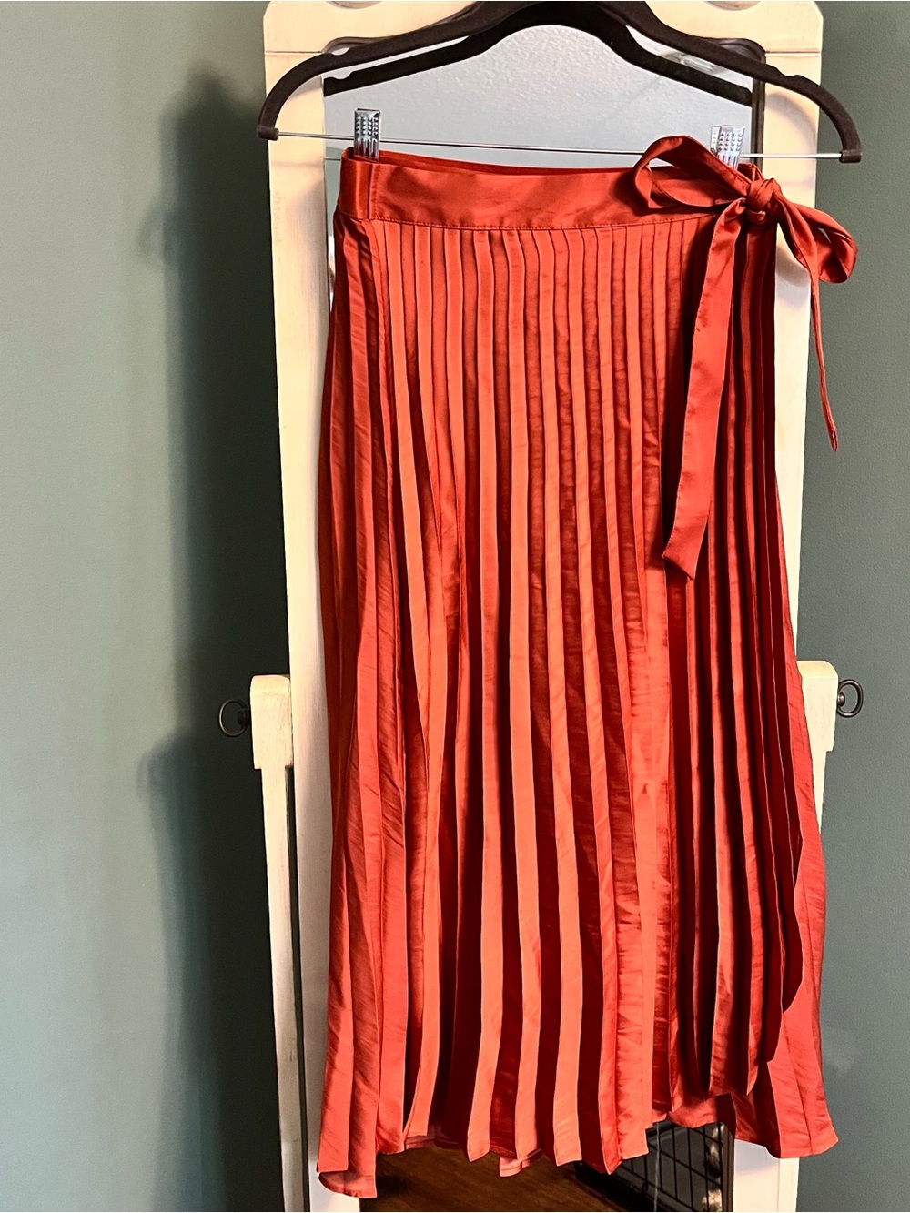 Pleated Satin Wrap Skirt in Burnt Orange